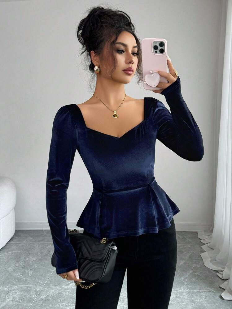 Elenzga Áo thun nhung xếp ly cổ vuông thanh lịch mùa thu - Màu xanh lam - Xem 1