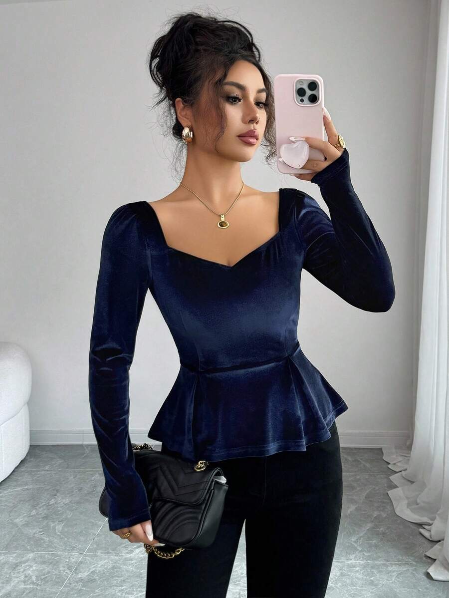 Elenzga Áo thun nhung xếp ly cổ vuông thanh lịch mùa thu - Màu xanh lam - Xem 1