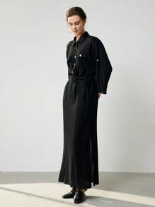 Uhlyne 女装秋季新款法式通勤度假休闲X型亚麻单排扣金属纽扣长袖衬衫裙 - 黑色 - 查看 7