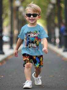 SHEIN 2pcs/Set Young Boy Casual Simple Round Neck Short Sleeve T-Shirt And Shorts Set, Suitable For Summer