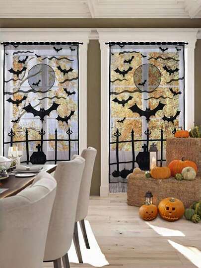 ROMWE Goth 1pc Halloween Imp Door Curtain Halloween Bat Door Curtain Black Lace Ghost Festival Tassel Curtain Door Curtain Holiday Gifts,Home Decor,Holiday Decorations