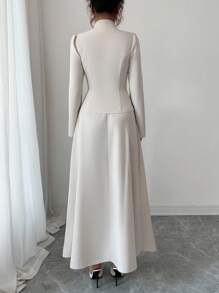 Elenzga 2 件套女士秋季优雅复古风格纽扣装饰夹克和高腰半身裙 - 杏色 - 查看 2