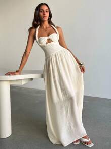 Aloruh 女士浪漫约会优雅度假扭绳纹理褶皱布纯白色A字腰亚麻长裙，女士约会连衣裙，女士夜间外出连衣裙，女士夏季连衣裙，女士蜜月装。女士婚礼宾客连衣裙。海岛度假装。，女士夏季连衣裙，女士婚礼宾客连衣裙，女士太阳裙，优雅派对连衣裙，女士生日连衣裙，女士性感俱乐部服装，女士波西米亚风服装，秋季婚礼宾客连衣裙