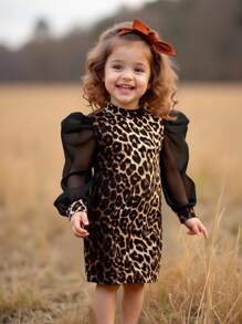 Emery Rose Kids Emery Rose Kids Rochie de fetiță, casual, minimalistă, confortabilă, cu guler înalt, mâneci raglan, cu imprimeu leopard - Negru - Vizualizare 1