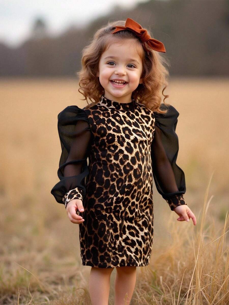 Emery Rose Kids Emery Rose Kids Rochie de fetiță, casual, minimalistă, confortabilă, cu guler înalt, mâneci raglan, cu imprimeu leopard - Negru - Vizualizare 1