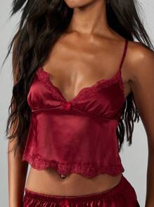 MISSGUIDED 奢华缎面蕾丝边吊带睡衣套装甜心领口短款睡衣家居服礼物情人节睡衣 - 紅色 - 查看 6