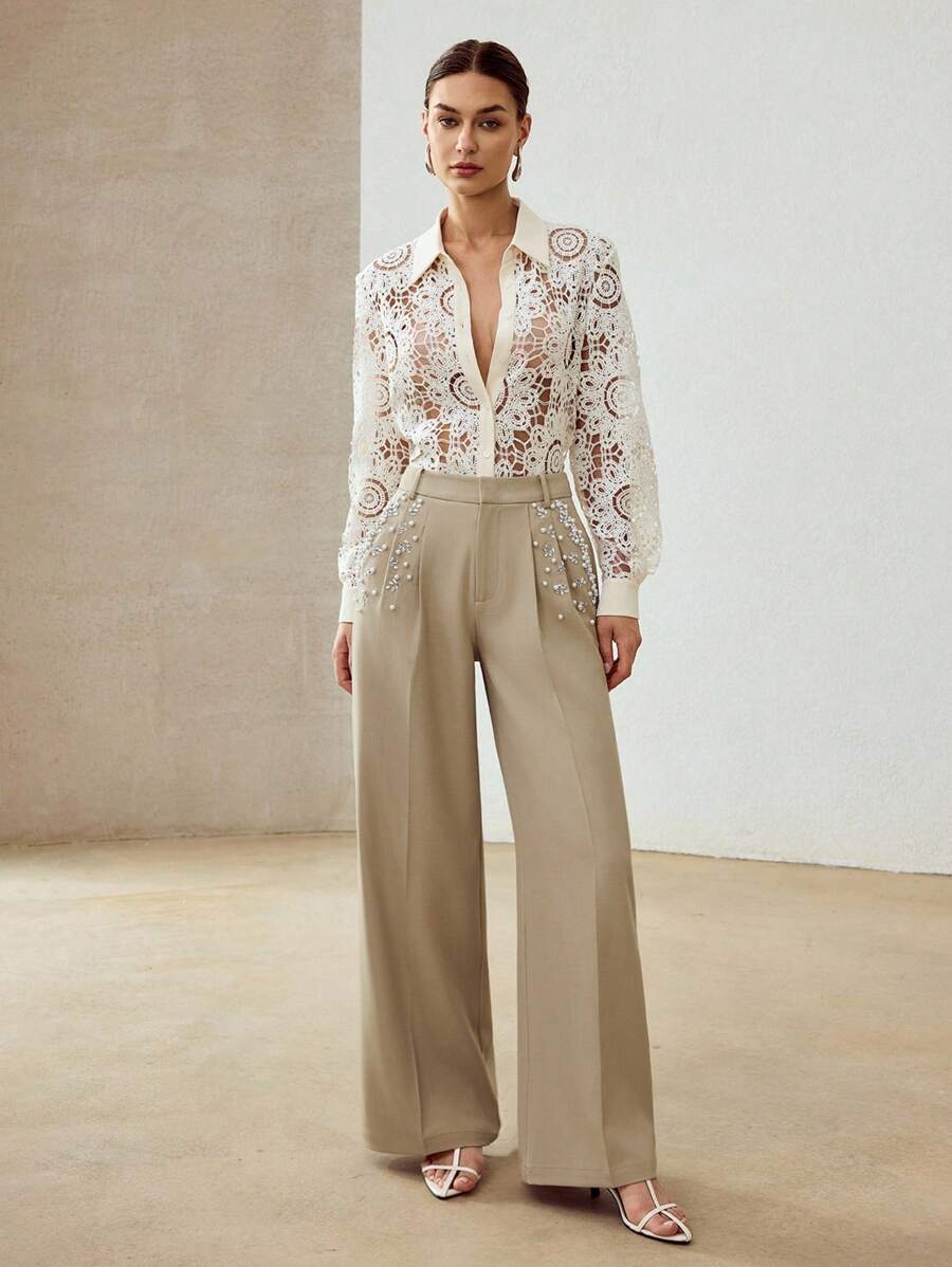 MOTF PREMIUM FAUX PEARL DETAIL PRESS CREASE SUIT PANTS