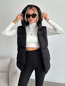 SHEIN Tall Tall Size Casual Zip Up Hooded Winter Coat Vest - Black - View 4