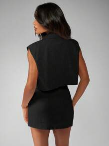 MISSGUIDED Áo vest blazer vải lanh ngắn tay chuyên nghiệp có cổ chữ V sâu, phong cách công sở tối giản hiện đại mùa hè dành cho doanh nhân - màu đen - Xem 2