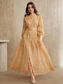 Anewsta Elegant Belted Lantern Sleeve Long Dress For Women - Orange - View 5