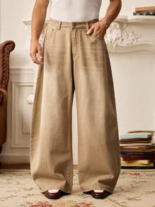 EASEVO Plus Size Men's Retro American Style Straight Leg Slim Fit Jeans, Autumn - Khaki - View 1