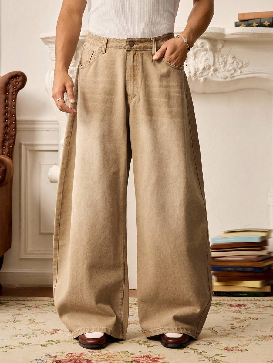 EASEVO Plus Size Men's Retro American Style Straight Leg Slim Fit Jeans, Autumn - Khaki - View 1