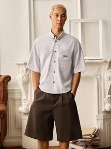 SWAVVY 2pcs Men's Woven Fashionable Casual Loose Fit Short Sleeve Shirt And Elasticated Waist Straight Leg Shorts Set