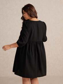 Elaquor Plus Size Casual Minimalist Vacation Embroidered V-Neck A-Line Loose Dress For Women, 3/4 Sleeve, Black,Fall Clothes For Women - Black - View 2