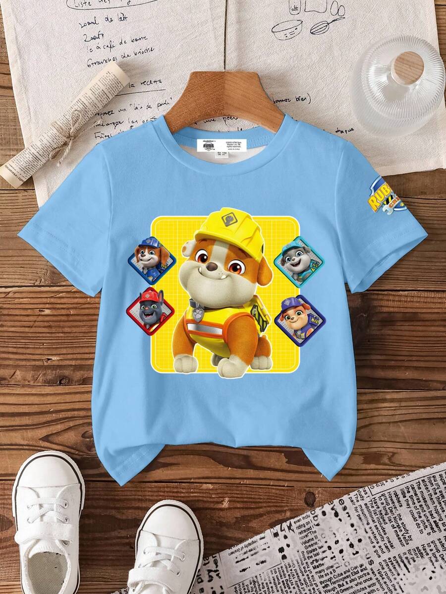 Rubble X SHEIN Young Boy Cartoon Pattern Blue Crew Neck Short Sleeve T-Shirt - White - View 1