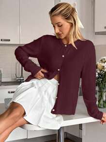 EURMUSE Drop Shoulder Cardigan With Gold Buttons Elegant - Burgundy - View 5