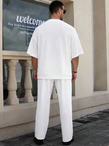 Manfinity Homme Plus Size Men's Solid Color Short Sleeve Single-Breasted Shirt And Pants Casual 2-Piece Set - White - View 5