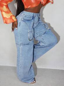 大码休闲日常纽扣细节斜口袋宽松阔腿牛仔裤 - 淺藍色 - 查看 5