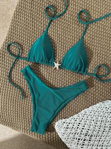 Swim Vcay Bộ bikini gợi cảm màu trơn dây mảnh kim loại trang trí cho nữ, mùa hè - màu xanh lá - Xem 1