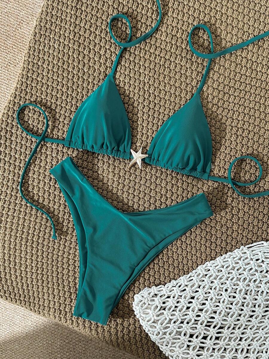 Swim Vcay Bộ bikini gợi cảm màu trơn dây mảnh kim loại trang trí cho nữ, mùa hè - màu xanh lá - Xem 1