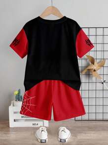 SHEIN 两件套男婴休闲简约卡通蜘蛛图案短袖T恤和短裤套装，适合夏季穿着 - 彩色 - 查看 4