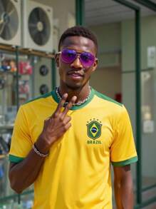 Manfinity Dauomo Men's Brazil 10 Numeral & Letter Print Striped T-Shirt - Yellow - View 2