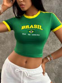 INAWLY Áo thun nữ ngắn tay mùa hè có in chữ và đường viền cổ tròn - màu xanh lá - Xem 3