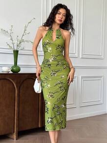 EastFlair 女士花卉亮片镂空性感吊带中长紧身连衣裙 - 綠色 - 查看 3