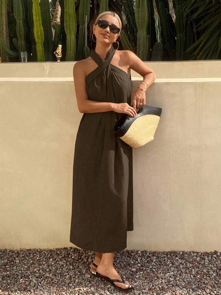 Women Plain Loose V-Neck Halterneck Casual Holiday Dress, Summer