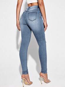Stylish High Waist Light Wash Women's Skinny Jeans With Distressed Design And Comfortable Stretch - Light Wash - View 3