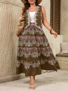SHEIN Clasi 2pcs/Set Women Summer Casual Western Style V-Neck Sleeveless Top With Printed Pattern And Elastic Waist Long Skirt Boho Skirts For Women Bohemian Skirt Brown Long Skirt Tiered Maxi Skirt Bohemian Maxi Skirt - Coffee Brown - View 1