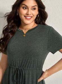 Comfylo Plus Size Women's Round Neck Drawstring Waist Dress - Army Green - View 4
