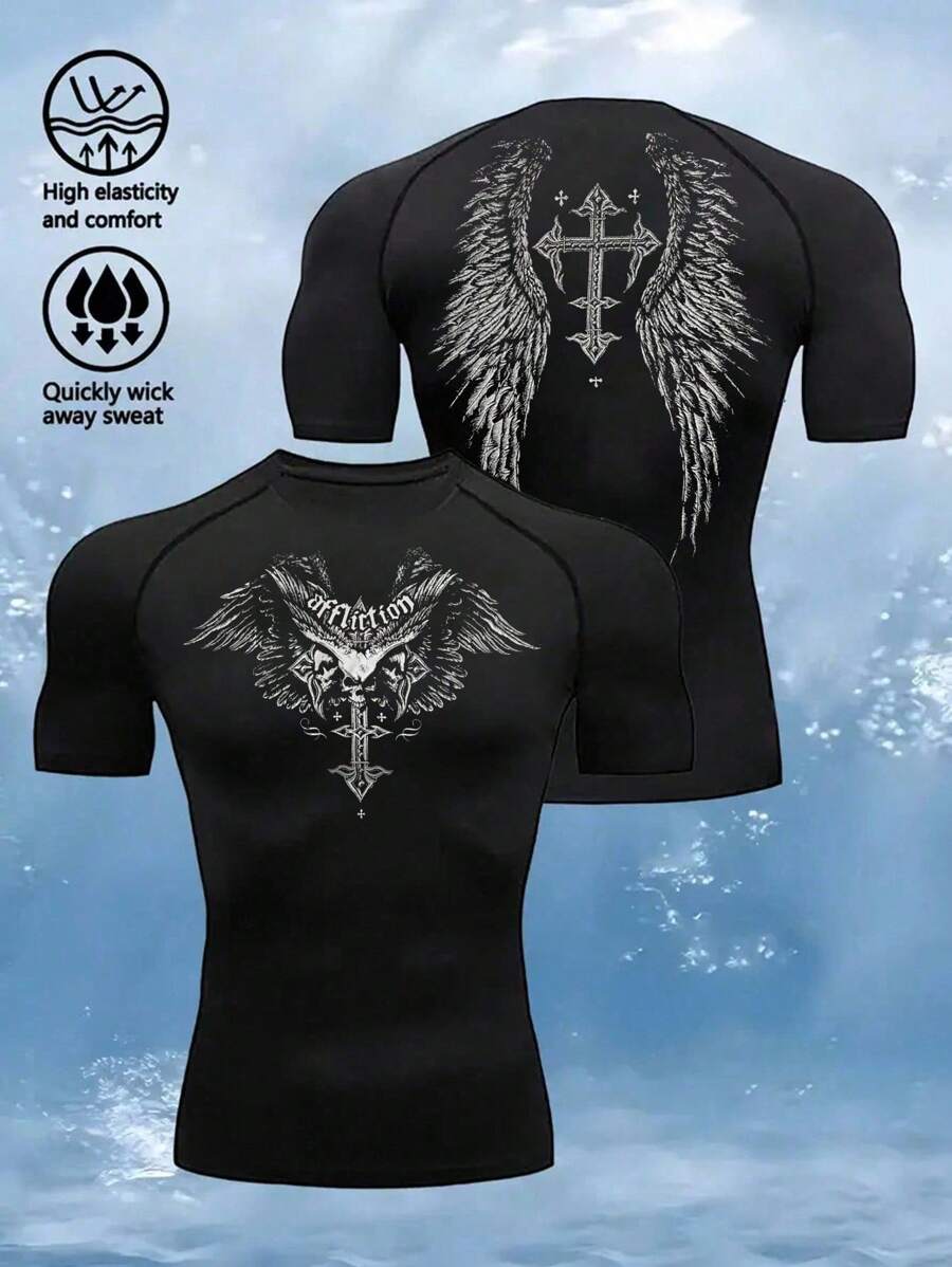 Manfinity Sport Corelite 男式翼印花插肩短袖 T 恤，休闲健身运动服健身服跑步 T 恤和背心修身衬衫圆领 - 黑色 - 查看 1