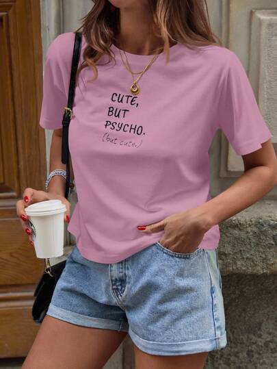EURMUSE Minimalist White Cotton T-Shirt With Playful Embroidered Text – "Cute But Psycho (But Cute)" Embroidery Detail For A Fun, Edgy Touch – Classic Round Neckline And Short Sleeves – Regular Fit For Everyday Comfort – Soft, Breathable Fabric For All-Day Wear – A Statement Tee With A Yet Casual Vibe
