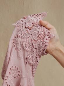 Anewsta Women's Hollow Collar Puff Sleeve Lace Patchwork Cinched Waist Long Dress, Elegant Vacation Style