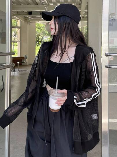 DAZY 女式夏季半透明拼接网眼连帽宽松街头风薄款夹克