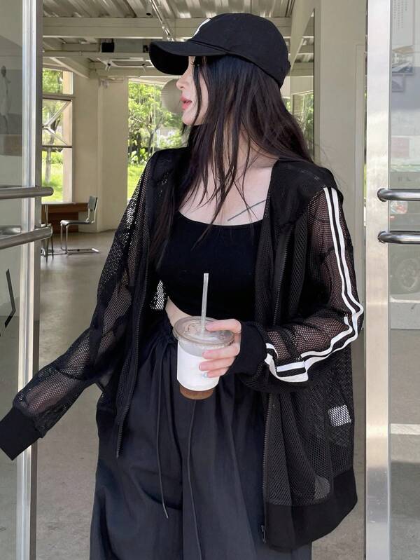 DAZY Women's Summer Semi-Sheer Patchwork Mesh Hooded Loose Streetwear Thin Jacket For Ladies