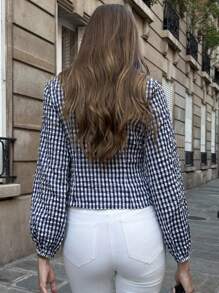 Pariaura 女士优雅法式夏季精致格纹纽扣衬衫，清爽格纹，适合春秋季休闲穿搭，也适合大学校园穿着。