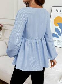 SHEIN Maternity Striped Print Round Neck Casual Versatile Long Sleeve Shirt - Blue - View 2