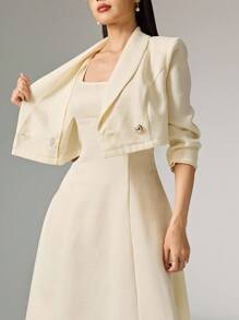 Heiryn 女士优雅纯色披肩领 3/4 袖夹克和无袖连衣裙套装秋冬 - 米色 - 查看 4