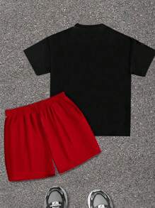 SHEIN Leap Crew Bộ 2 áo thun tay ngắn cổ tròn họa tiết bóng rổ đơn giản cho bé trai tuổi teen, trang phục mùa hè - Màu Đỏ Sâu - Xem 2