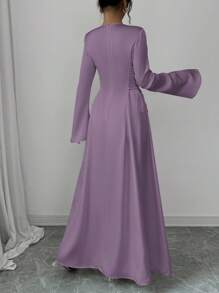 Elenzga Đầm Maxi Satin Tay Loe Cinched A-Line Màu Mơ Thanh Lịch Cho Nữ - Bụi tím - Xem 2
