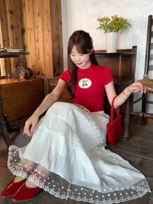 DAZY 女士夏季蕾丝拼接休闲A字裙 - 白色 - 查看 8