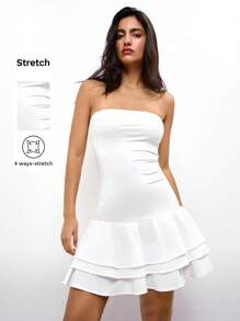 Maija White Strapless Ruffle Trim Fitted Short Dress, Elegant & Versatile For Spring/Summer, Holidays - White - View 1