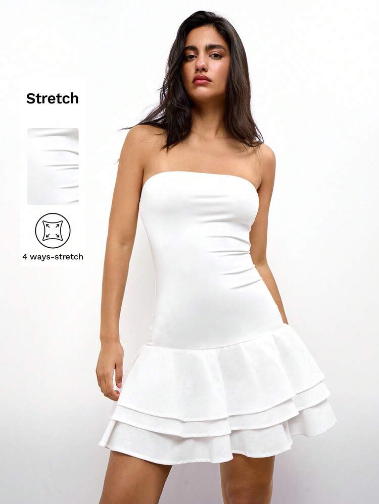 SHEIN Maija 白ストラップレス フリルトリム フィットショート ドレス、春夏、ホリデーに優雅で活用できる