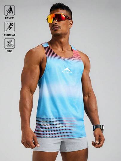 Manfinity Sport Polished Men's Plaid Printed Ombre Color Y-Back Sports Tank Top Workout Clothes Running Tees & Tanks, Running Tank Tops, Workout Tank Tops