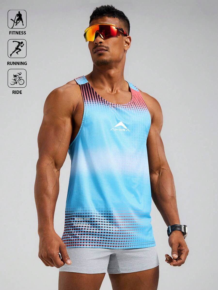 Manfinity Sport Polished Men's Plaid Printed Ombre Color Y-Back Sports Tank Top Workout Clothes Running Tees & Tanks, Running Tank Tops, Workout Tank Tops - Multicolor - View 1