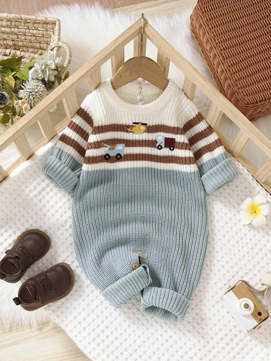 SHEIN Infant & Toddler Car Embroidered Jumpsuit, Striped Patchwork Design Baby Boy Cute Long Sleeve Romper Baby Boy Romper Newborn Boy Clothes Infant Sweater Romper Knitted Baby Romper Winter Baby Jumpsuit Baby Boy Jumpsuit Knitted Romper Winter Baby Clothes Newborn Boy Winter Clothes Infant Sweater Jumpsuit Baby Boy Knit Romper Warm Baby Boy Romper Baby Boy Jumper Baby Boy Romper Outfit Winter Baby Boy Clothes Newborn Boy Jumpsuit Fall - Blue - View 1