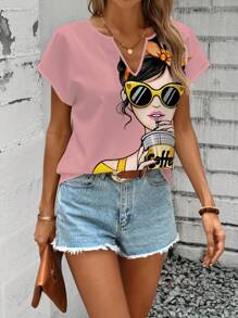 EMERY ROSE 粉色休闲简约度假风女孩印花女式衬衫，适合夏季