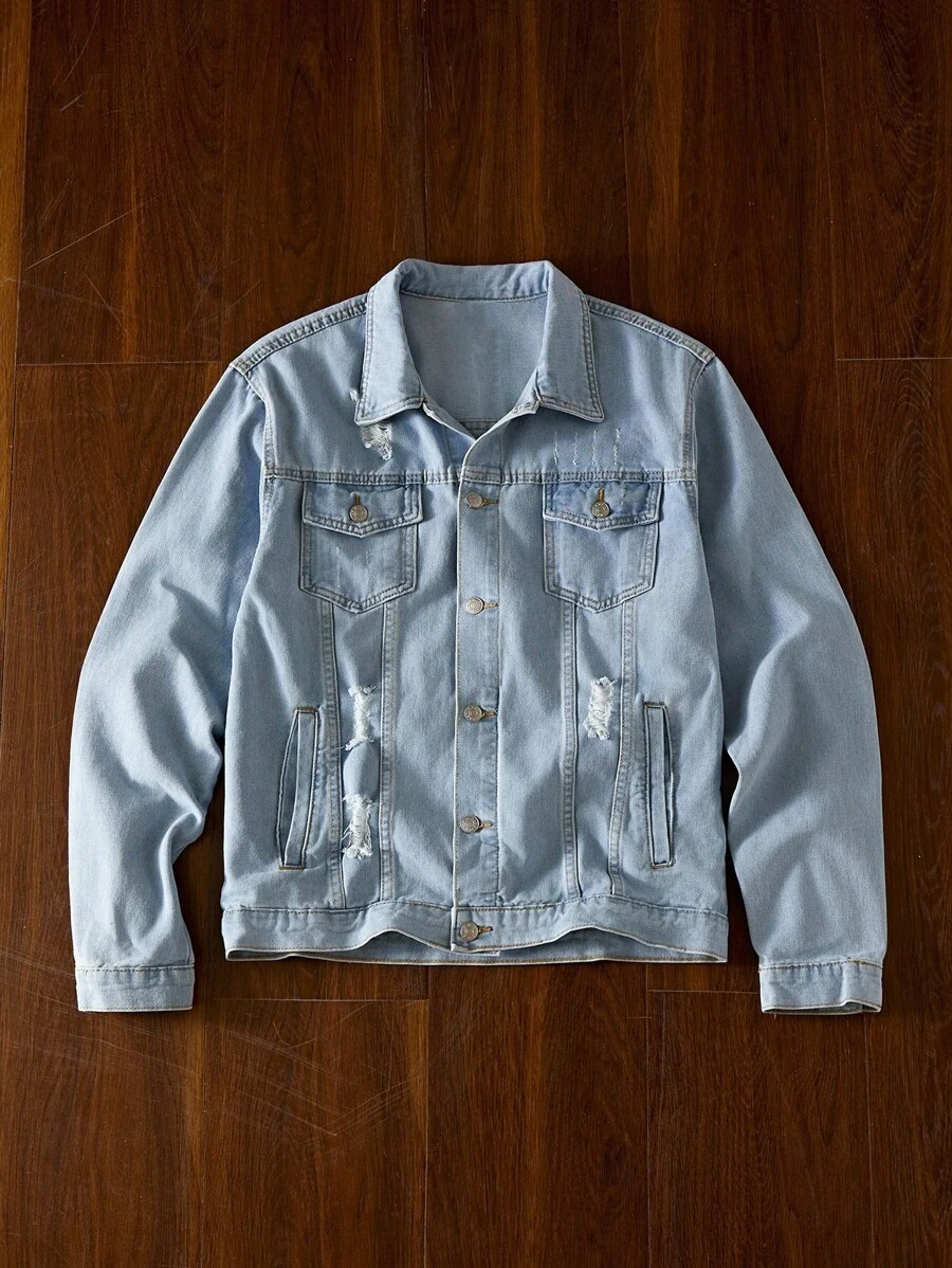 Manfinity VCAY Men's Long Sleeve Single Breasted Distressed Casual Denim Jacket - Baby Blue - View 1